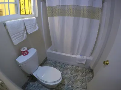 a white bathroom with a toilet and a shower at Calico Motel in Anaheim