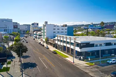 an aerial view of a city street with buildings at Elan Hotel in Los Angeles