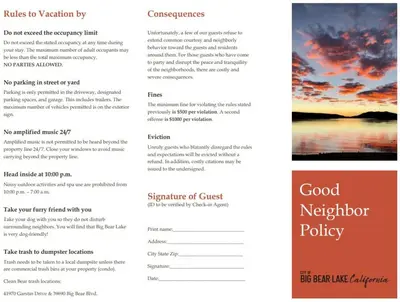a screenshot of the responsive website for a good neighbor policy at Oriole Cottage-621 by Big Bear Vacations in Big Bear Lake