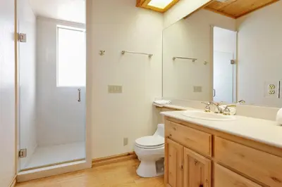a bathroom with a toilet and a sink and a shower at Starlight Vistas-1524 by Big Bear Vacations in Big Bear Lake