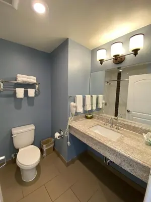 a bathroom with a toilet and a sink at Ocean Surf Inn & Suites in Huntington Beach