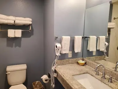 a bathroom with a sink and a toilet and a mirror at Ocean Surf Inn & Suites in Huntington Beach
