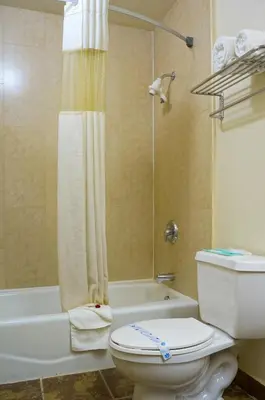 a bathroom with a toilet and a tub and a shower at Ramada by Wyndham Ontario Airport & Convention Center in Ontario