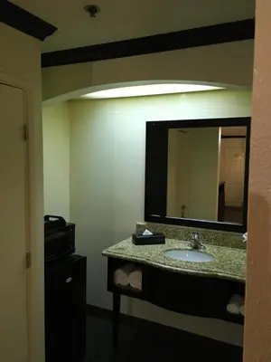 a bathroom with a sink and a large mirror at Ramada by Wyndham Ontario Airport & Convention Center in Ontario
