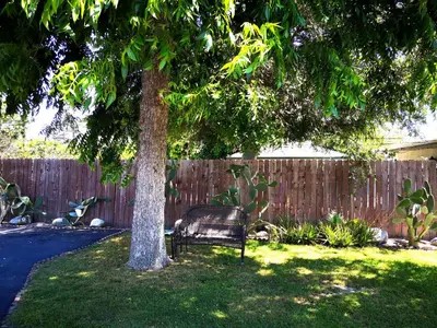 a bench sitting under a tree next to a fence at Pasadena suite with private entrance in Pasadena