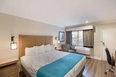 a hotel room with a bed and a desk and a chair at Best Western Woodland Hills in Woodland Hills