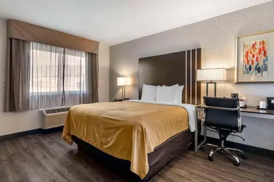 a hotel room with a bed and a desk and a chair at Quality Inn Burbank Airport in Burbank