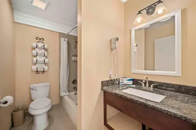 a bathroom with a sink and a toilet and a mirror at The Lemon Tree Hotel in Anaheim