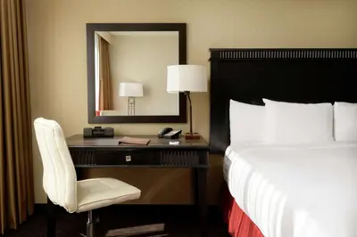 a bedroom with a bed and a desk with a mirror at Doubletree by Hilton Los Angeles Downtown in Los Angeles