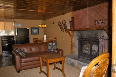a living room with a couch and a fireplace at Goldmine Lodge in Big Bear Lake