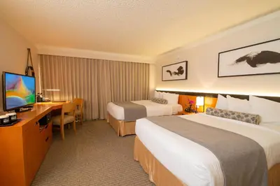 a hotel room with two beds and a desk and a television at Miyako Hotel Los Angeles in Los Angeles