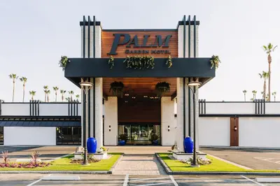 a rendering of the entrance to the plaza casino hotel at Palm Garden Hotel in Thousand Oaks