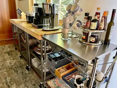 a kitchen cart filled with lots of appliances at Del Rey/Culver City Dream Oasis in Los Angeles