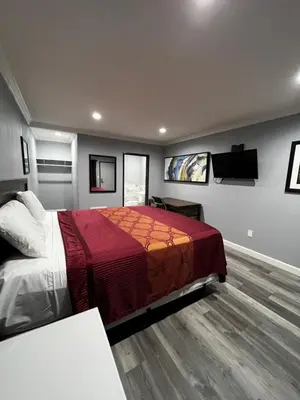 a bedroom with a bed and a flat screen tv at Aqua Inn Motel in El Monte