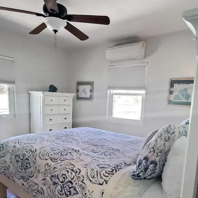 a bedroom with a bed and a ceiling fan at Top Location Walk to Dining, Shops & Near Beach CC E in Culver City