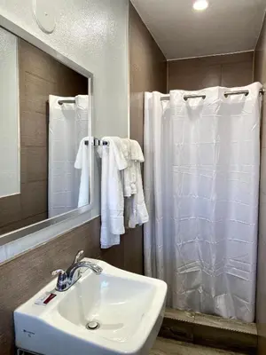 a bathroom with a white sink and a mirror at Dixie Motel in Compton