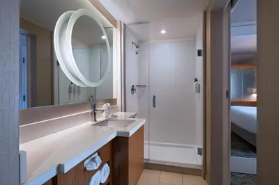 a bathroom with a sink and a mirror and a shower at Springhill Suites by Marriott Anaheim Maingate in Anaheim
