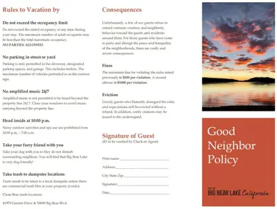 a screenshot of the responsive website for a good neighbor policy at Shasta Mountain Cabin - 1916 by Big Bear Vacations in Big Bear City