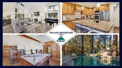 a collage of pictures of a house with a pool at Splash Mountain - 1904 by Big Bear Vacations in Big Bear Lake