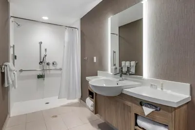 a bathroom with a sink and a shower and a mirror at SpringHill Suites by Marriott Anaheim Placentia Fullerton in Placentia