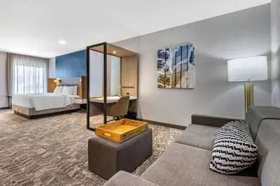 a hotel room with a couch and a bed at SpringHill Suites by Marriott Anaheim Placentia Fullerton in Placentia