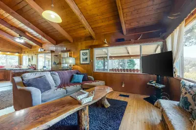 a living room with a couch and a tv at Alpine Dream in Crestline