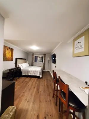 a room with a bed and a table and chairs at Hotel Europa in Smeltzer