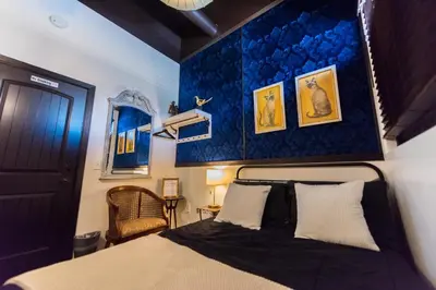 a bedroom with a bed and a blue wall at The Rosemary in Los Angeles