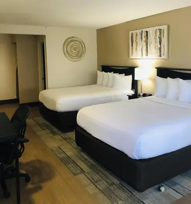 a hotel room with two beds and a desk at Stanford Inn & Suites Anaheim in Anaheim