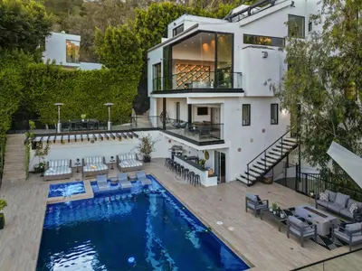 an aerial view of a house with a swimming pool at Franklin Modern in Los Angeles