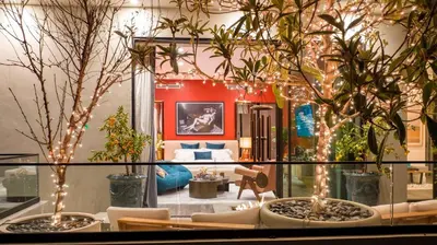 a living room with two trees with lights on them at Willow Glen in Los Angeles