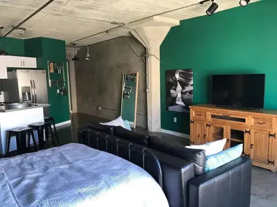 a bedroom with black leather furniture and green walls at BO-BOU Suite in Los Angeles