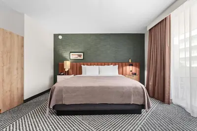 a bedroom with a large bed and a green wall at Royal Palace Westwood Hotel in Los Angeles