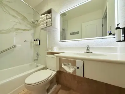 a bathroom with a toilet and a sink and a mirror at Anaheim Islander Inn and suites near Park and Convention center in Anaheim