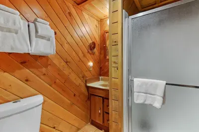 a wooden bathroom with a shower and a toilet at Howard's Cabin in Lake Arrowhead