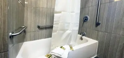 a bathroom with a toilet and a shower curtain at RUBY MOTEL in Long Beach