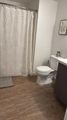 a bathroom with a toilet and a shower curtain at Incredible Hollywood Loft Free Parking in Los Angeles