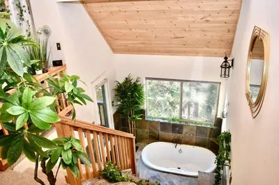 a bathroom with a tub and some plants at Sweet getaway in private Giant Sequoia Grove! in Springville