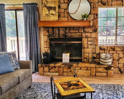 a living room with a stone fireplace and a couch at Treehouse Cottage in Crestline