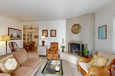 a living room with a couch and a fireplace at Bangor Lane Oasis in Ventura