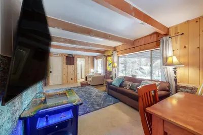 a living room with a couch and a tv at Annandale Manor in Lake Arrowhead
