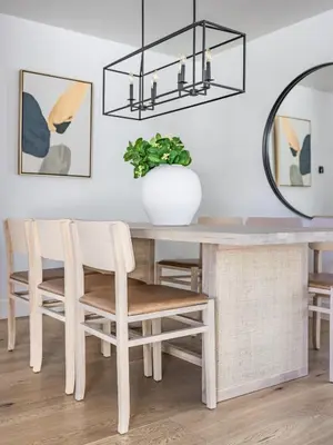 a dining room table with chairs and a mirror at #Marbella Lane - Cozy Modern Home with Relaxing Design & Pool in Fullerton