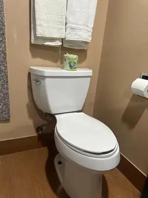 a white toilet in a bathroom with towels at Stardust inn in Azusa