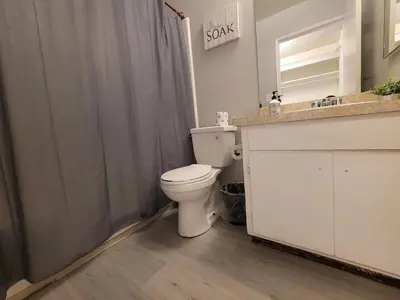 a bathroom with a toilet and a shower curtain at Deluxe Hotel Style Unit in Los Angeles