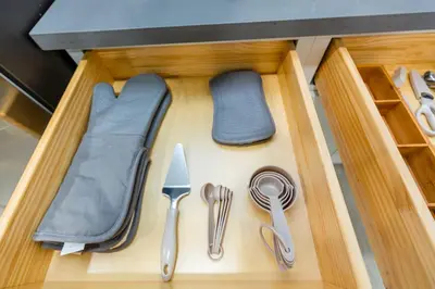 a wooden drawer with utensils in a kitchen at Newly Remodeled 5B4B 2 mile from the Rose Parade in Pasadena