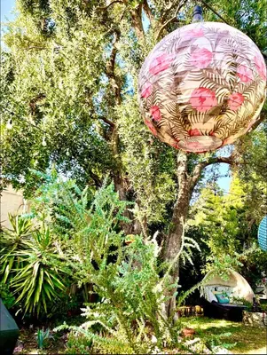 a flowery ball hanging from a tree in a garden at Romantic cottage with amazing garden in Glendale