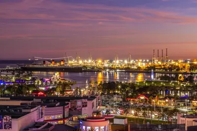 a view of a harbor at night at @ Marbella Lane - Penthouse w/ City & Ocean Views in Long Beach