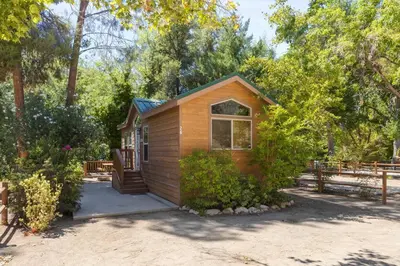 a tiny house in a yard with trees at Quiet little pet friendly cabin in Kernville