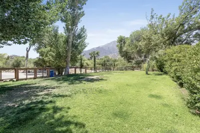 a large yard with trees and a fence at Adorable little cabin #26 in Kernville
