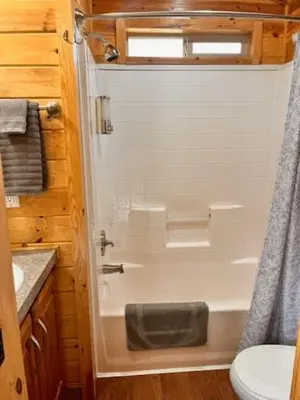 a bathroom with a shower with a toilet and a sink at Adorable little cabin #28 in Kernville
